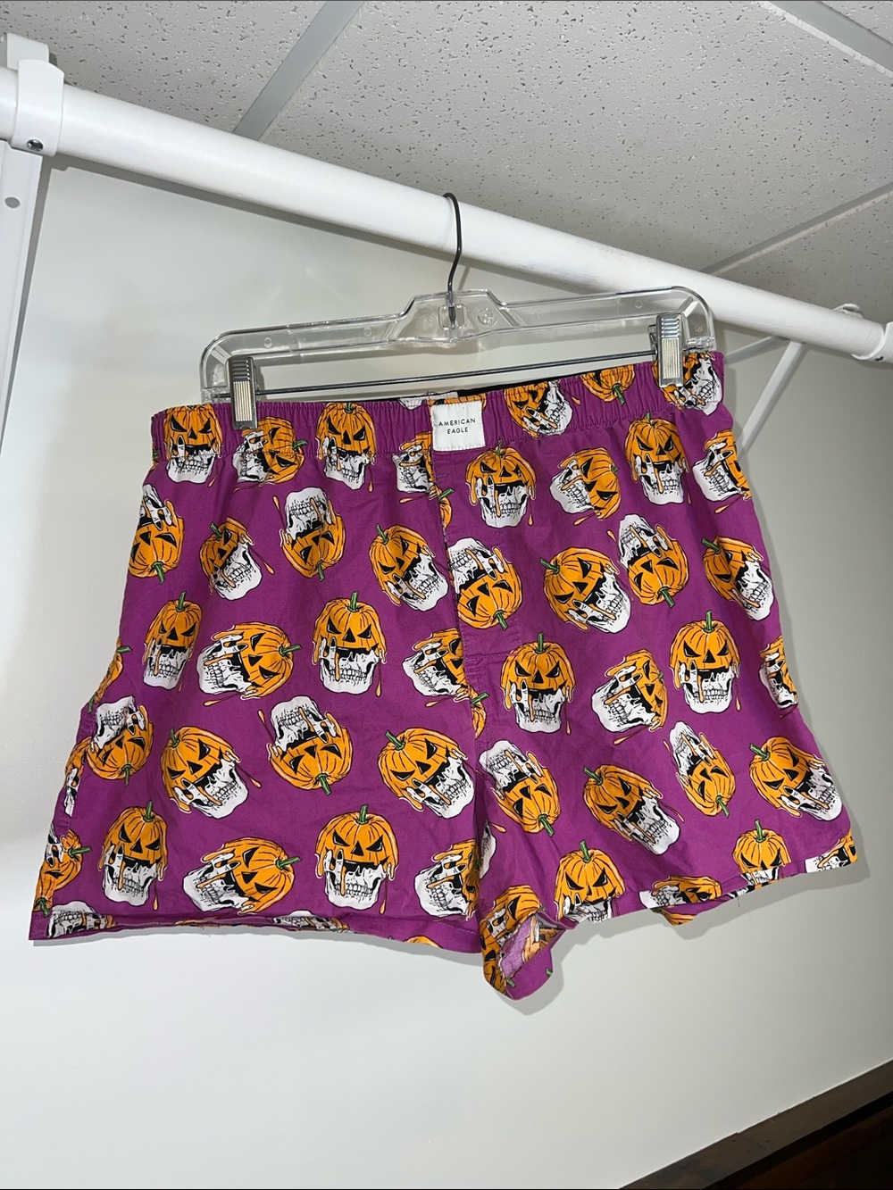 American Eagle Outfitters Purple Boxer Shorts with Orange Pumpkin Skull Print-L